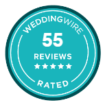 WeddingWire badge showing 55 reviews rated, teal circular emblem with five stars.