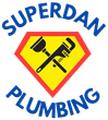 Superdan Plumbing logo with red-yellow shield and crossed plunger and wrench icons