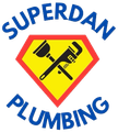 Superdan Plumbing logo with red-yellow shield and crossed plunger and wrench icons