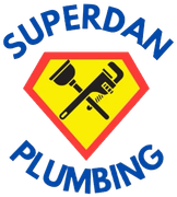 Superdan Plumbing logo with red-yellow shield and crossed plunger and wrench icons