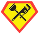Yellow hazard sign with red border and black crossed wrench and screwdriver tools.