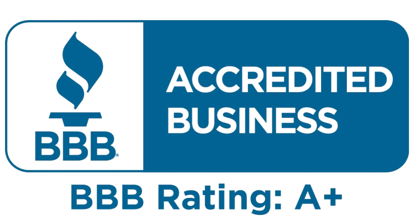 BBB Accredited Business badge with BBB Rating: A+ in blue and white