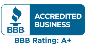 BBB Accredited Business badge with BBB Rating: A+ in blue and white