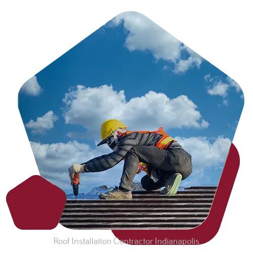 A construction worker in a hard hat and safety vest installs roofing materials under a bright, cloudy blue sky.
