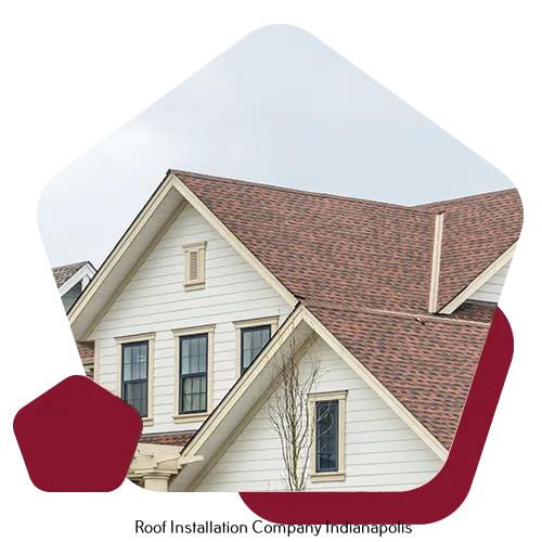 A house with tan siding and a brown shingled roof, framed by burgundy geometric shapes. Text below reads 