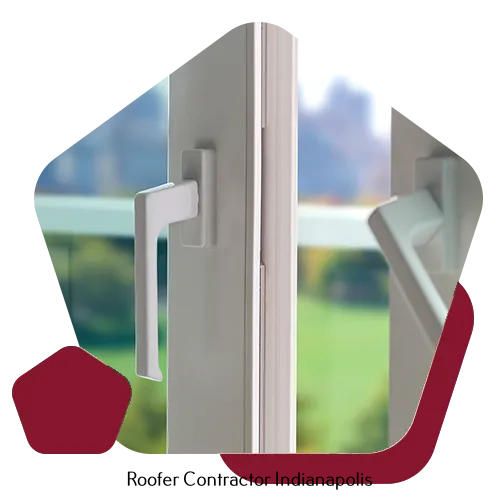 Close-up of white window handles against a blurred background, with the text 
