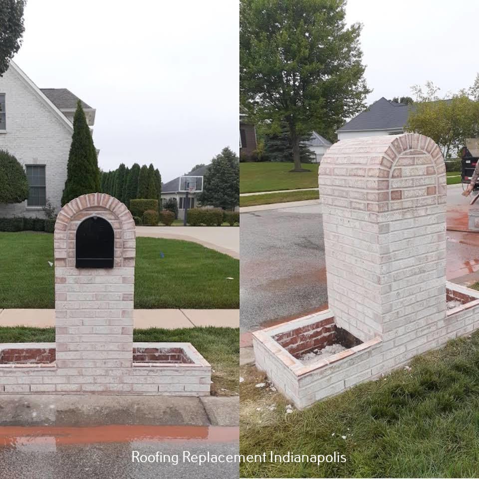 A split-screen showing a white brick mailbox structure with integrated planters from a front and side-angle view.