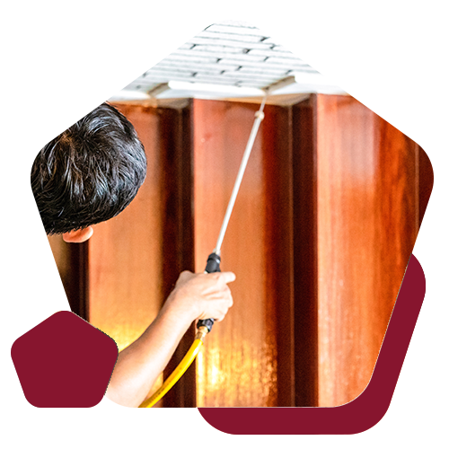 A person uses a spray wand to apply treatment to the ceiling and wooden walls of a room.