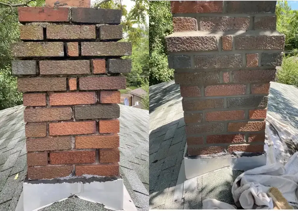 Side-by-side brick chimney repair comparison, showing lighter unfinished and darker repaired brickwork.