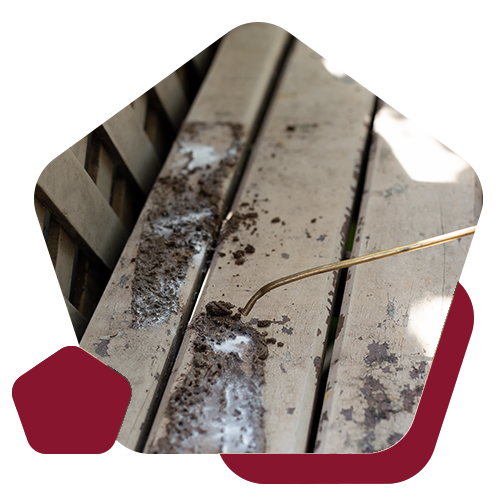 A termite control professional uses a metal probe to inject treatment into mud tubes on wooden porch beams.