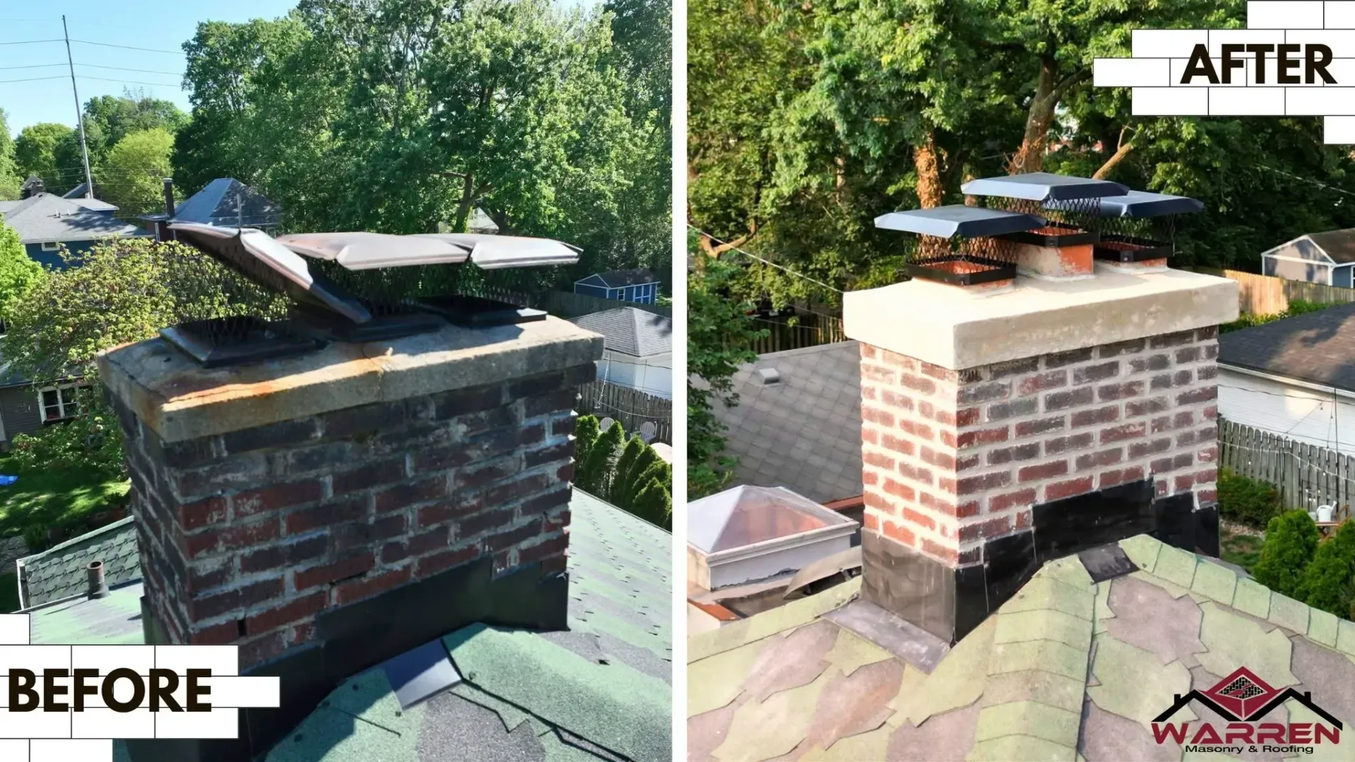 Before and after chimney repair in Indianapolis by Warren Masonry, showing a new crown, caps, and repointed brick Before and after chimney repair in Indianapolis by Warren Masonry, showing a new crown, caps, and repointed brick