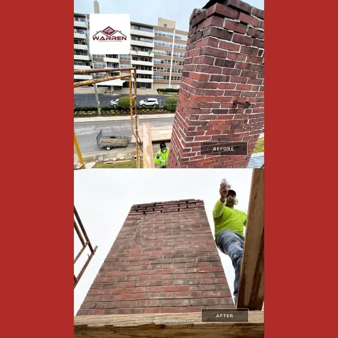 Before and after tuckpointing in Indianapolis showing a Warren Masonry chimney with restored mortar