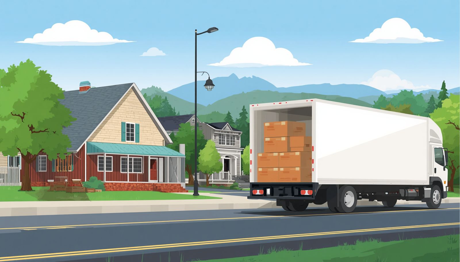 Moving to Troutman, NC with moving truck outside home