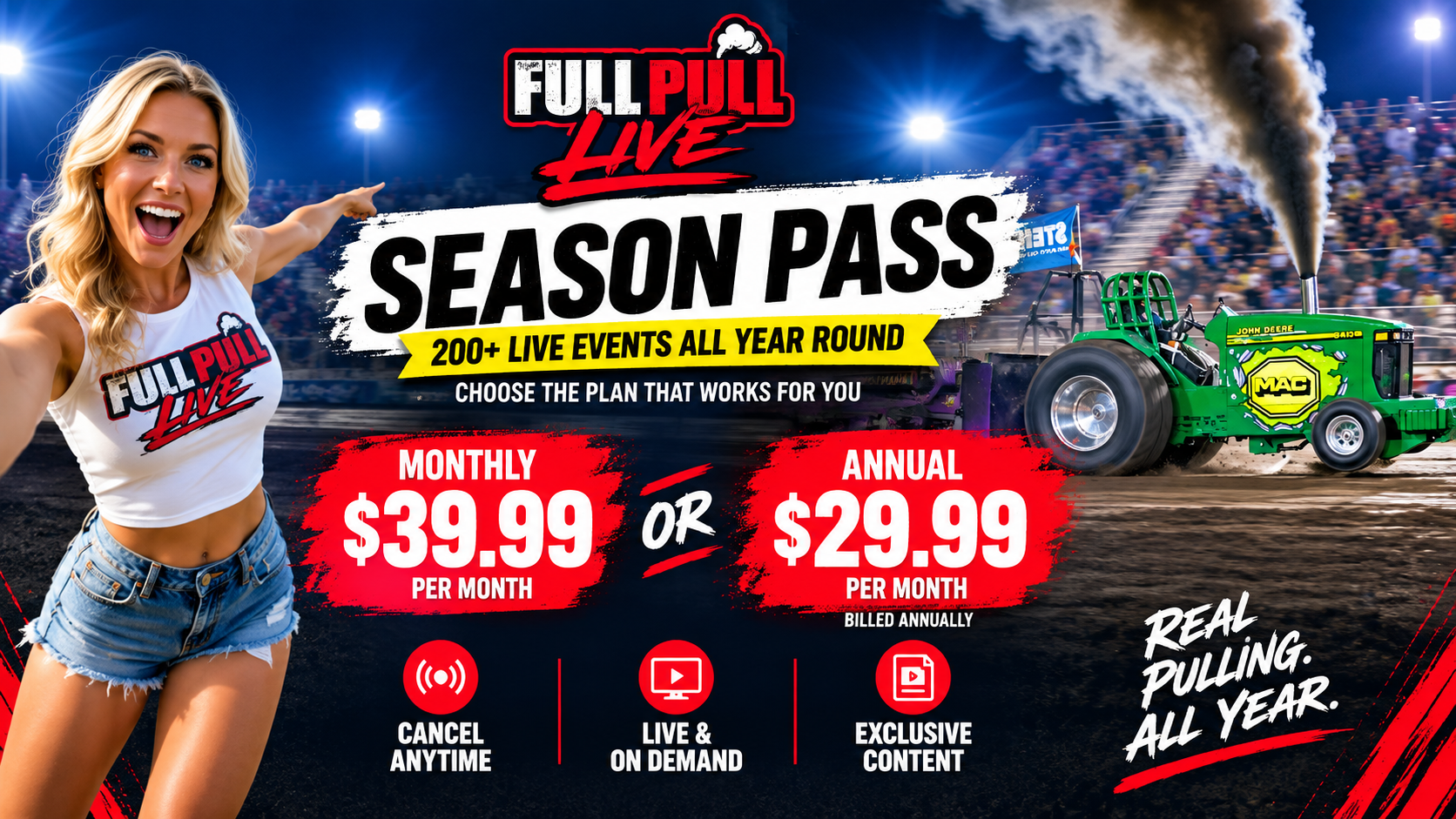 Season pass ad with smiling woman, “29.99 per month,” billed annually, for zoo live events year round
