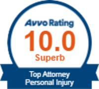 Avvo rating badge: 10.0, superb, top attorney, personal injury. Blue and orange colors.