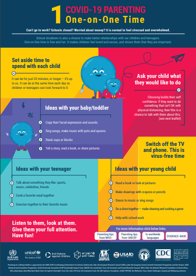 COVID-19 parenting infographic about one-on-one time, with colorful sections and baby/toddler activity ideas