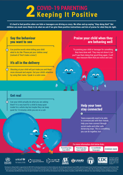 COVID-19 parenting poster with tips for keeping children positive, using blue cartoon virus characters.