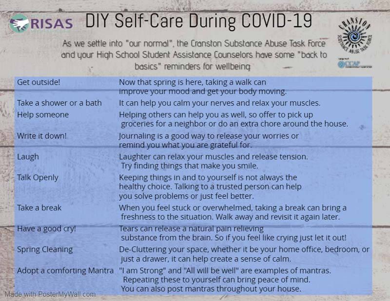 Blue poster titled “RISAS DIY Self-Care During COVID-19” with self-care tips in two columns.