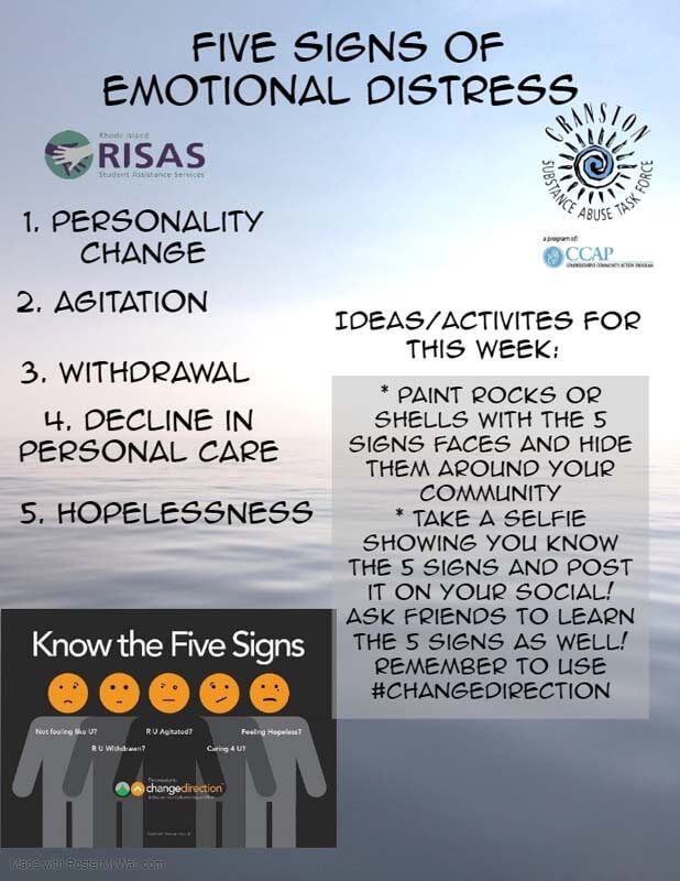 Infographic on five signs of emotional distress with tips and icons on a light blue background
