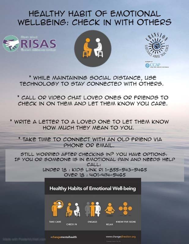 Poster on healthy emotional well-being, with tips for checking in with others and staying connected during social distancing.
