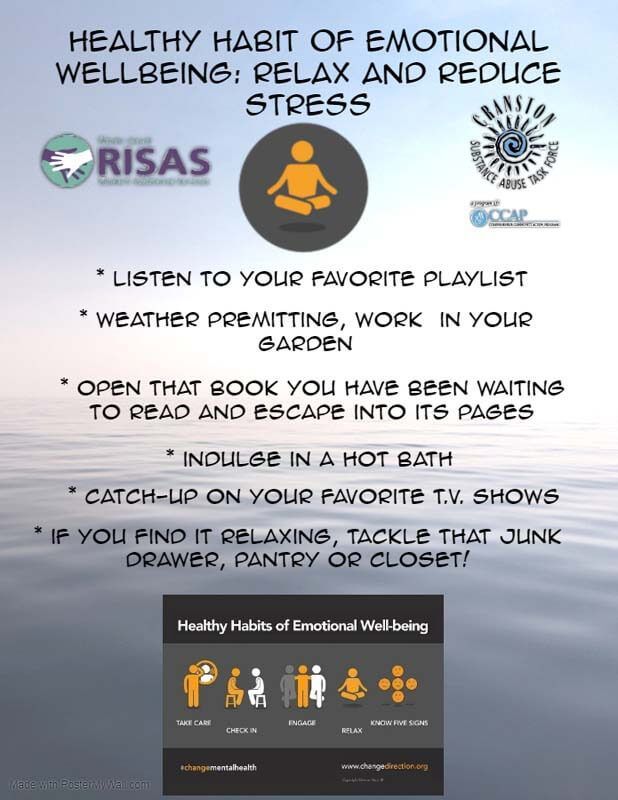 Infographic on healthy habits to reduce stress, with tips and small illustrations on a dark background
