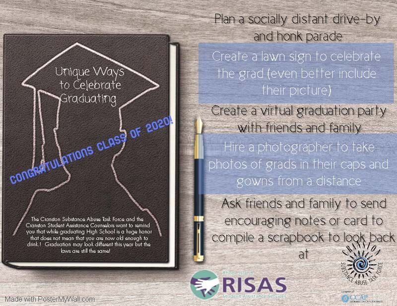 Flyer for Risas “congrats in a box” care package, with note card, gifts, and delivery instructions to celebrate from afar