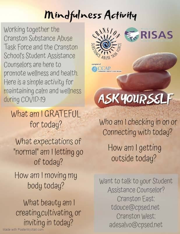 Mindfulness activity poster with reflective questions and stacked stones on a beige background.