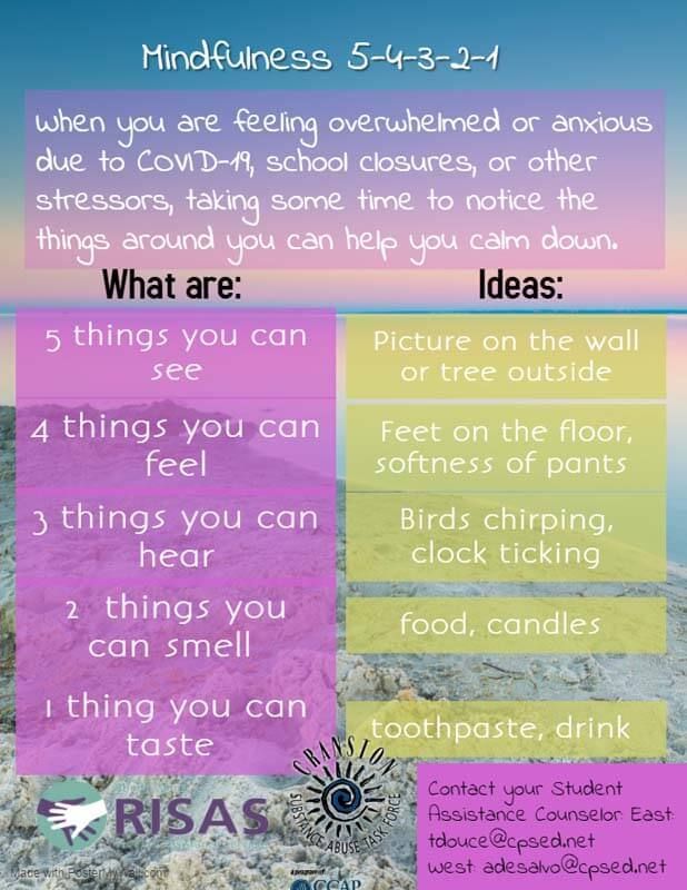 Mindfulness 5-4-3-2-1 poster with calming steps and sensory prompts on a blue-to-pink background