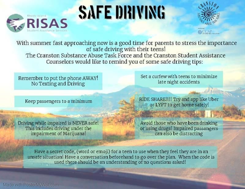 Safe driving poster with ocean sunset background and tips to drive slower, stay alert, and keep safe on the road