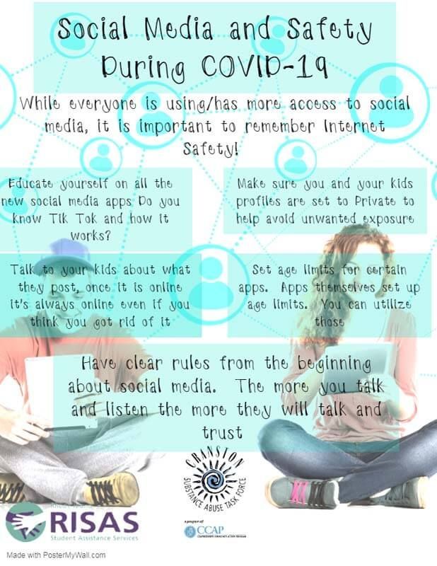 Social media safety flyer with tips, in blue and white, for children and teens, with a keyboard and headphones.
