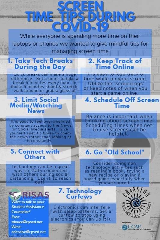 Infographic titled “Screen Time Tips for COVID-19” with six blue tip boxes on reducing screen time.