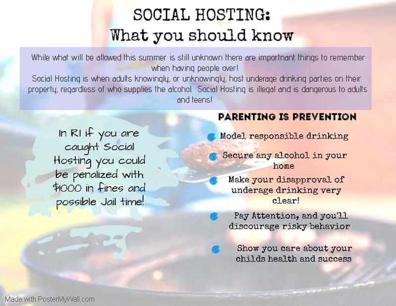 Social hosting awareness poster with warning text and prevention tips over a blurred car and party background