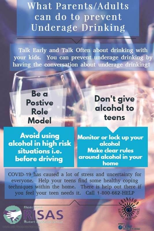 Poster on underage drinking prevention with blue-to-pink background and three tips for parents/adults