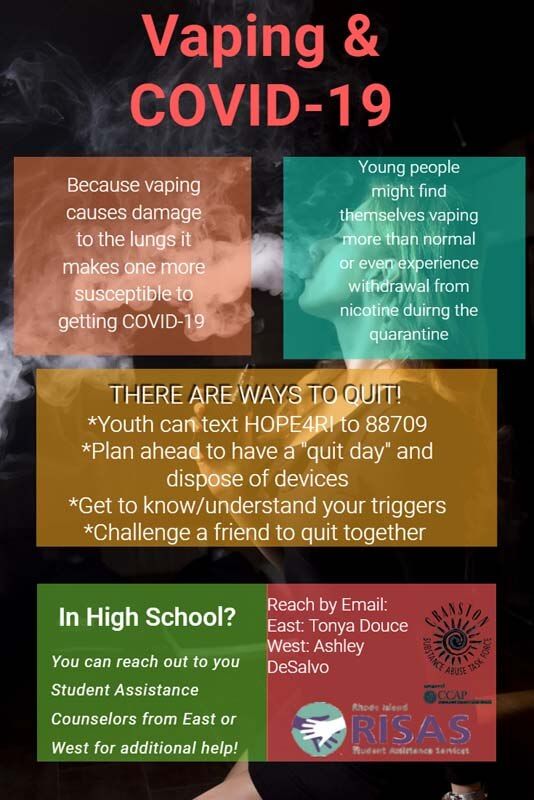 Vaping and COVID-19 poster with health warnings, tips, and a yellow information panel