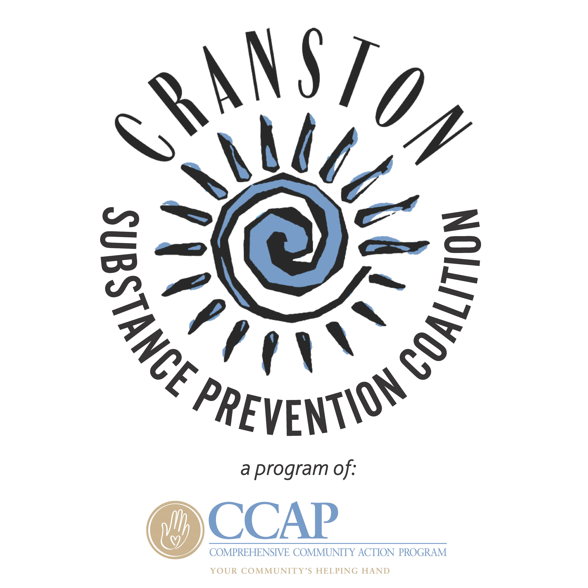 Cranston Substance Prevention Coalition logo with blue spiral sun and CCAP program text