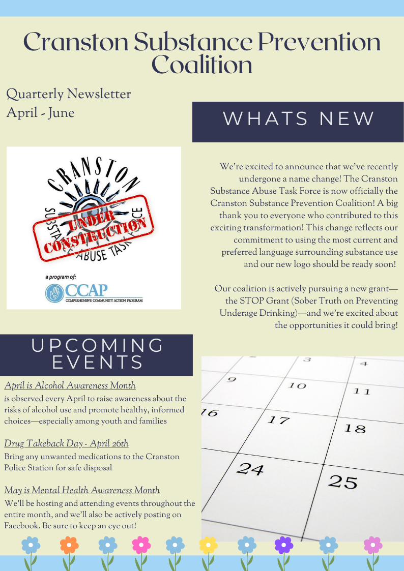 Cranson Substance Prevention Coalition newsletter with events, “What’s New” section, and calendar