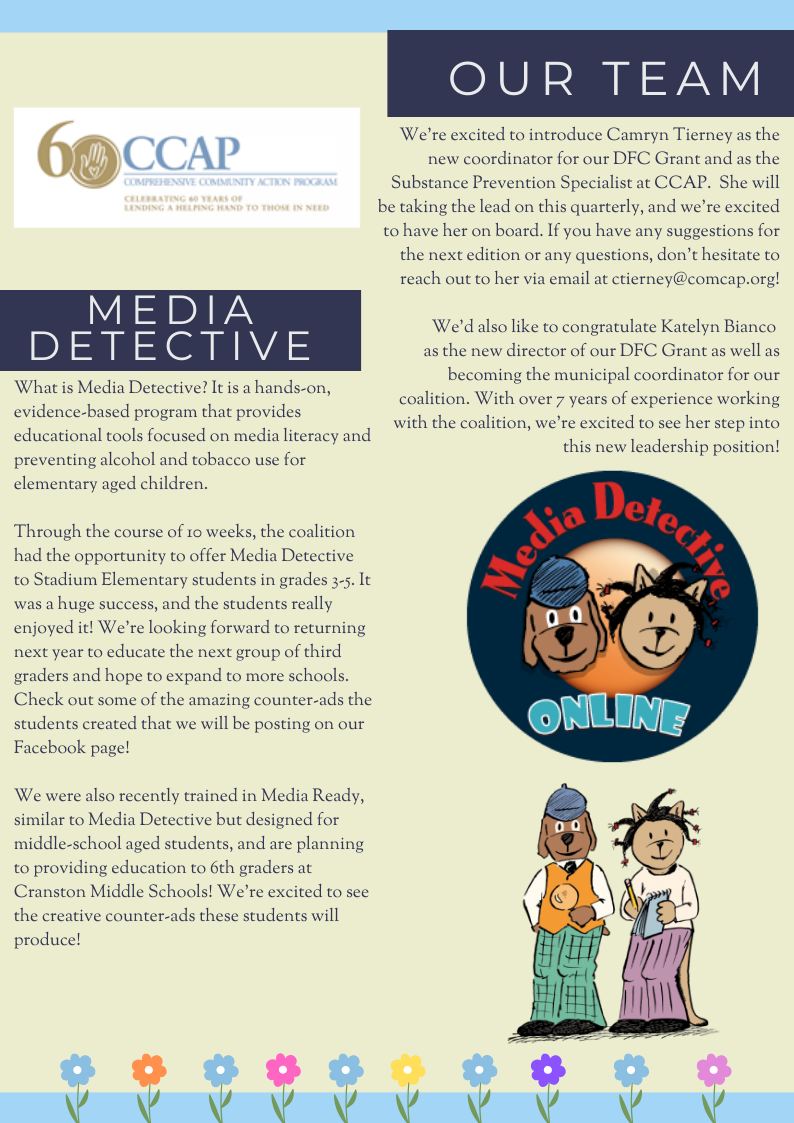 Team brochure with OCAP logo, “Media Detective” text, and cartoon detective characters on a beige background.