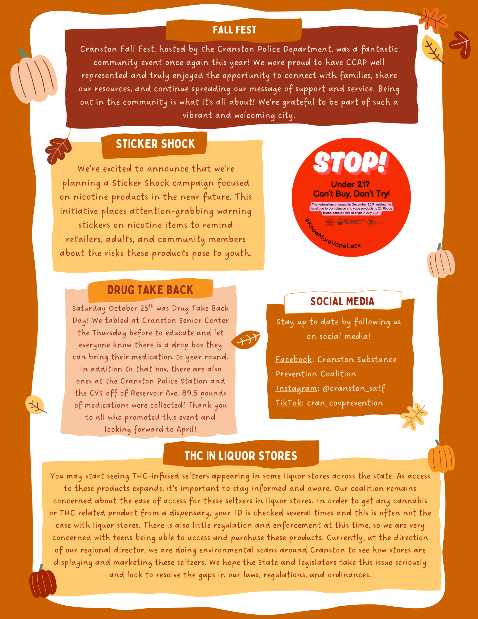 Orange awareness poster with sections on sticker book, dogs take breaks, social media, and a central red STOP sign.