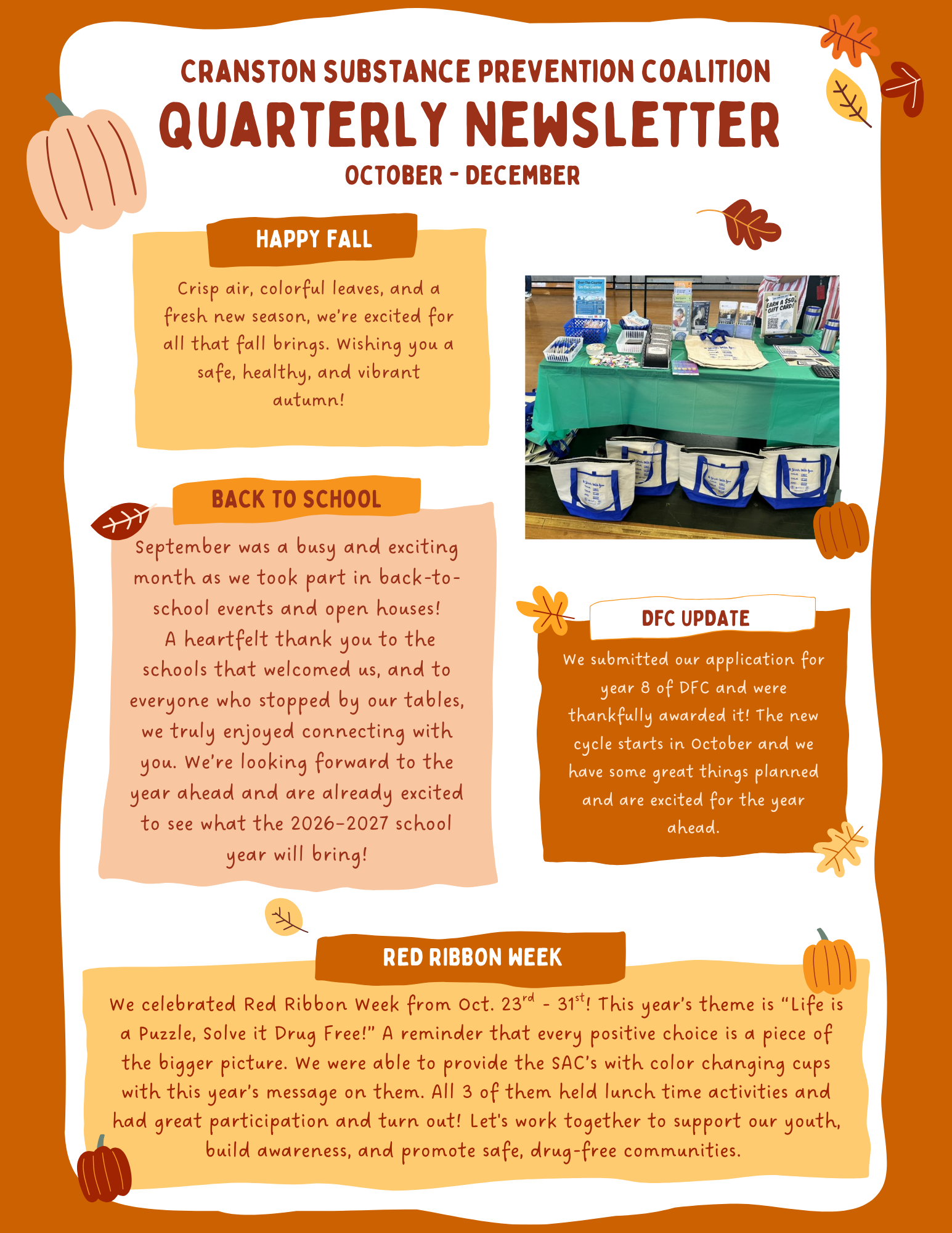 Orange newsletter titled “Cranston Substance Prevention Coalition Quarterly Newsletter” with sections and photos