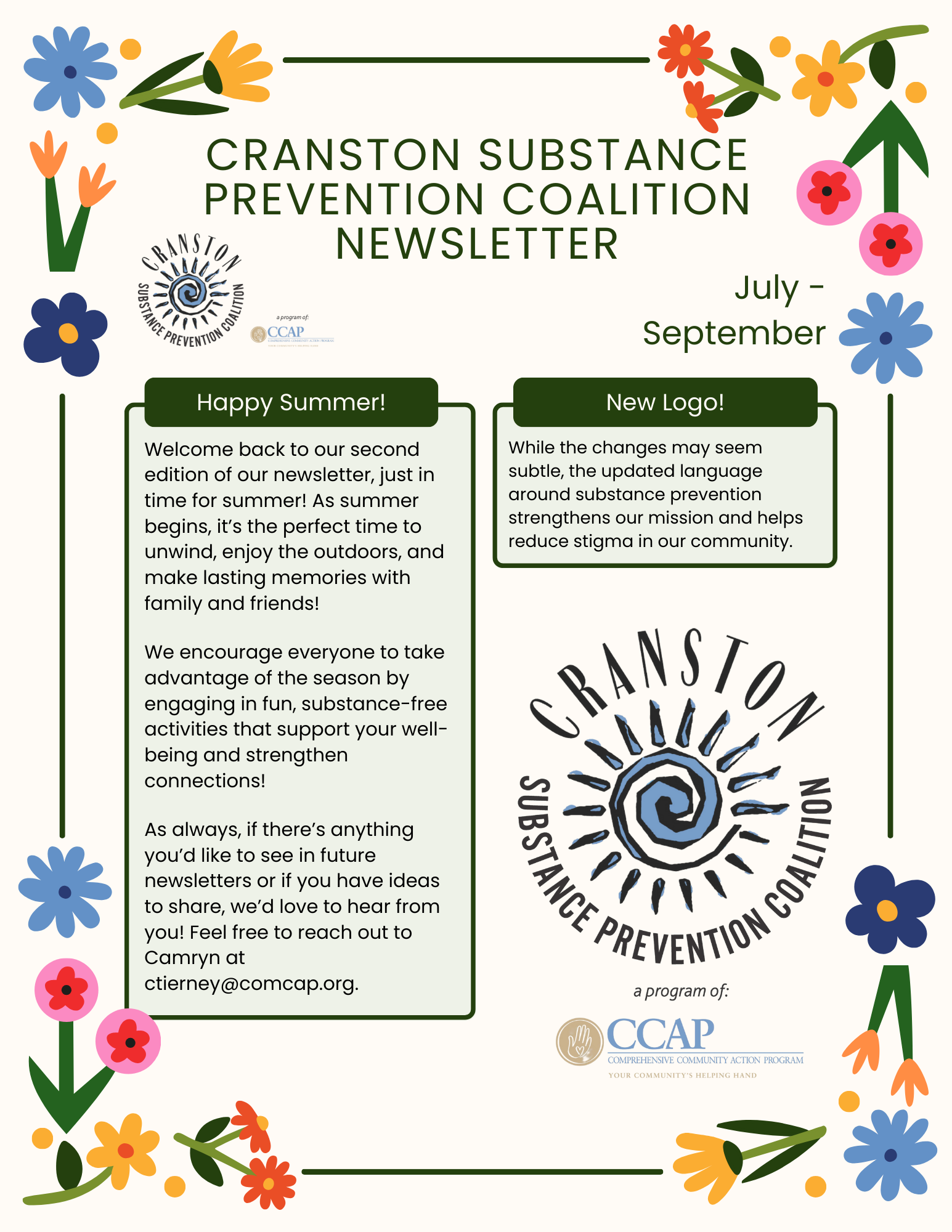 Cranston Substance Prevention Coalition newsletter with floral border and July–September updates