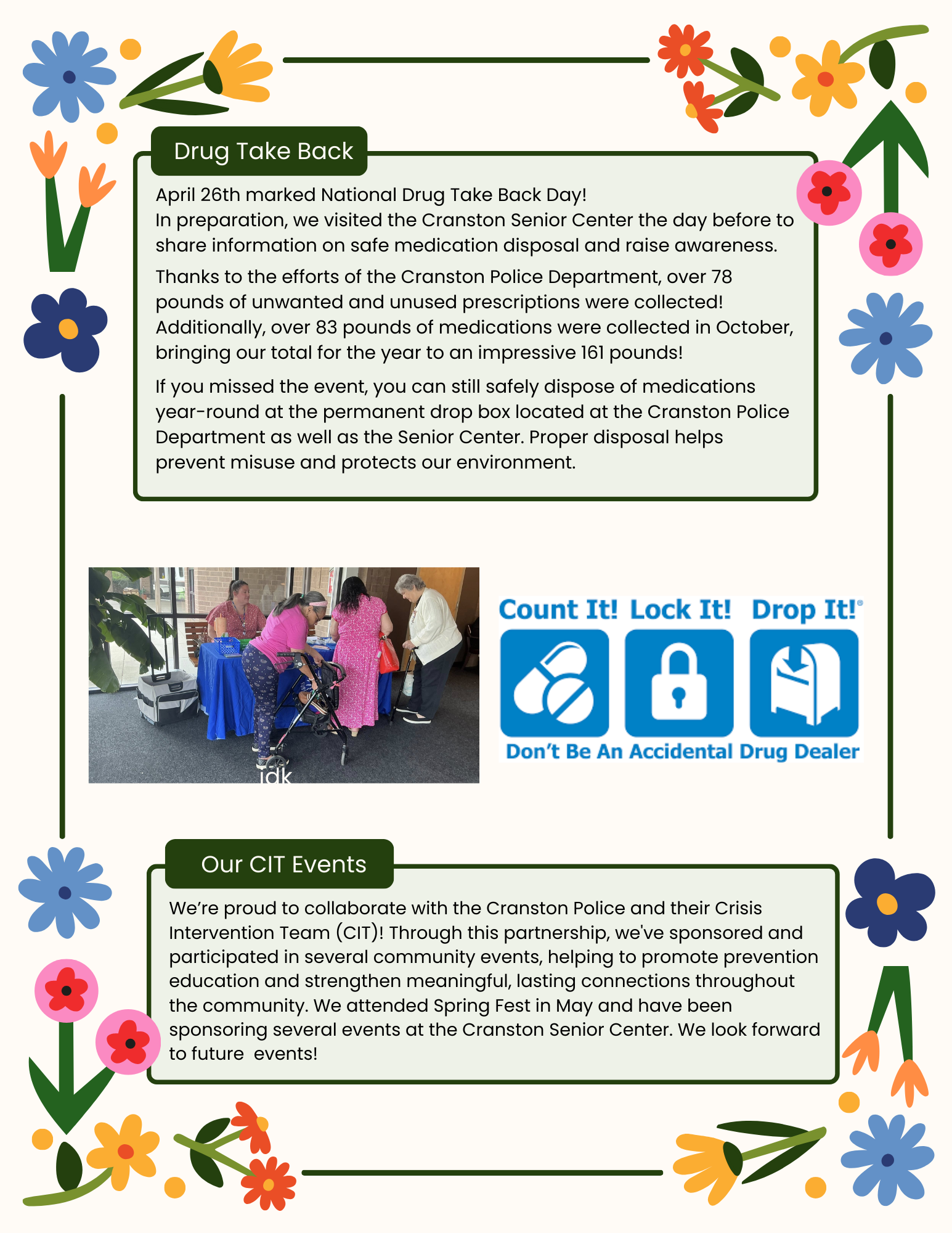 Safety poster with colorful flowers, children near a school bus, and “Count It, Lock It, Drop It” icons.
