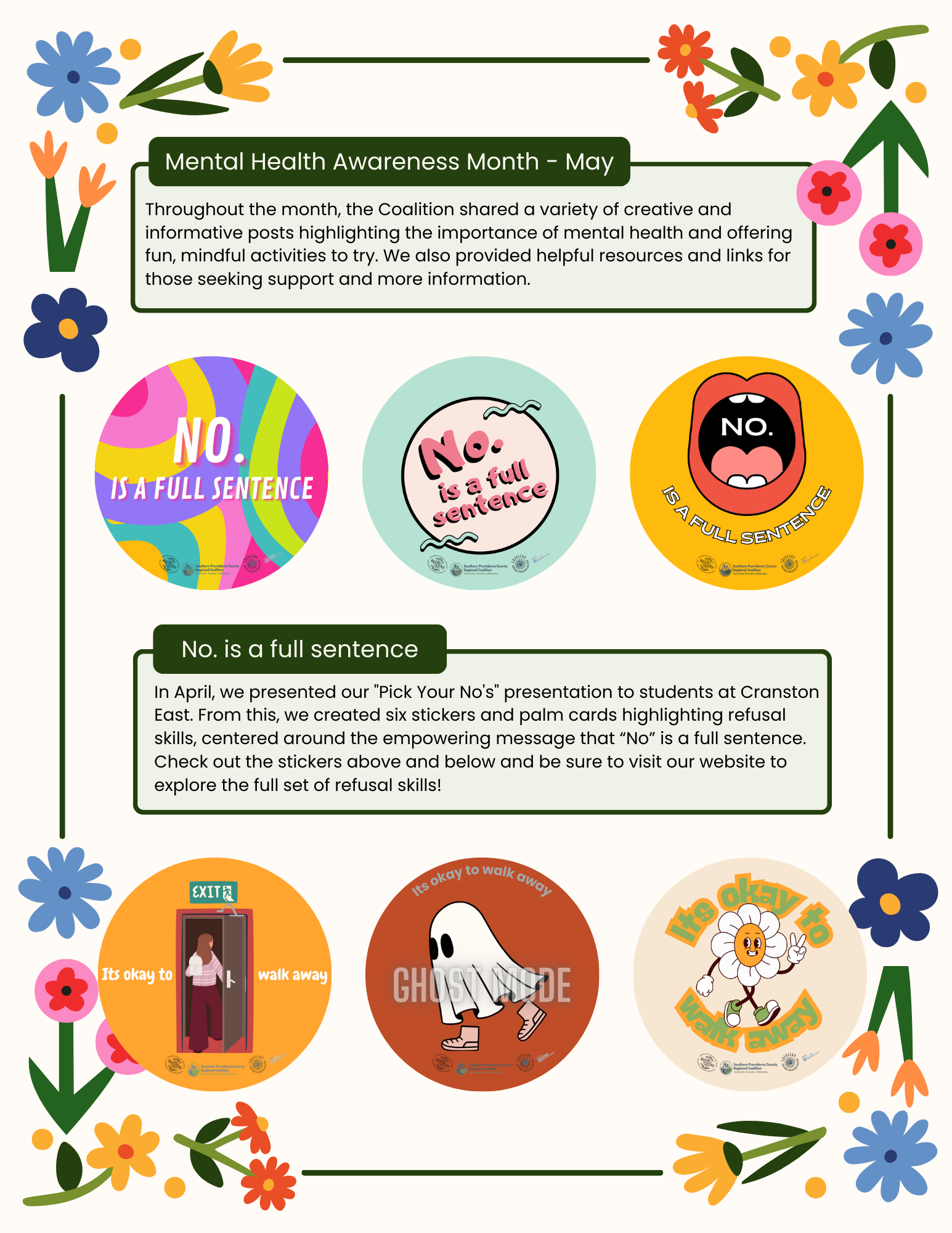 Colorful anti-bullying poster with flowers and six circular illustrated messages on a cream background