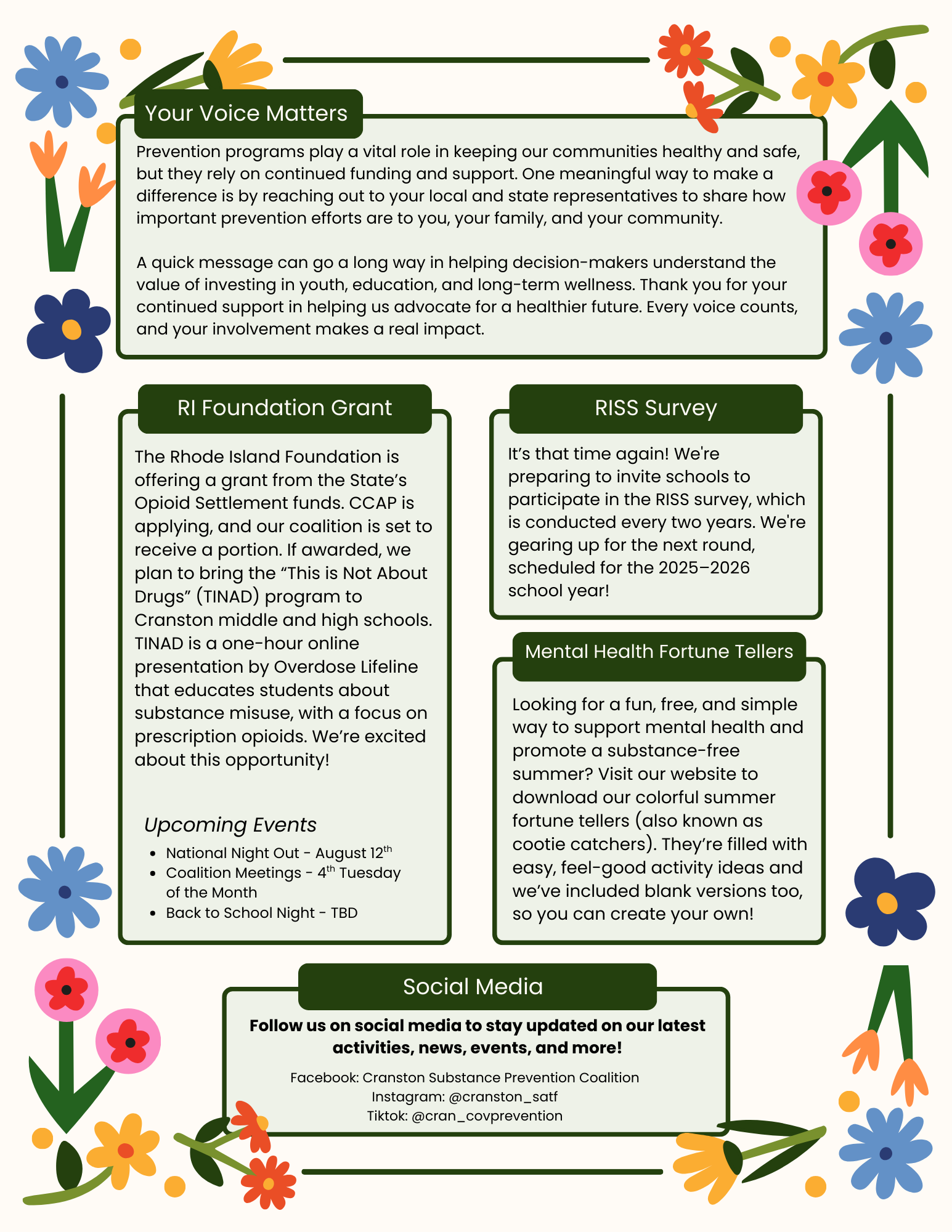 Handmade-style green-and-white garden-themed poster with flowers, text boxes, and a decorative border.