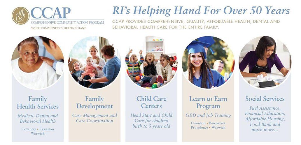 OCAP childcare services flyer with logo, five circular photos, and blue text panels on a white background