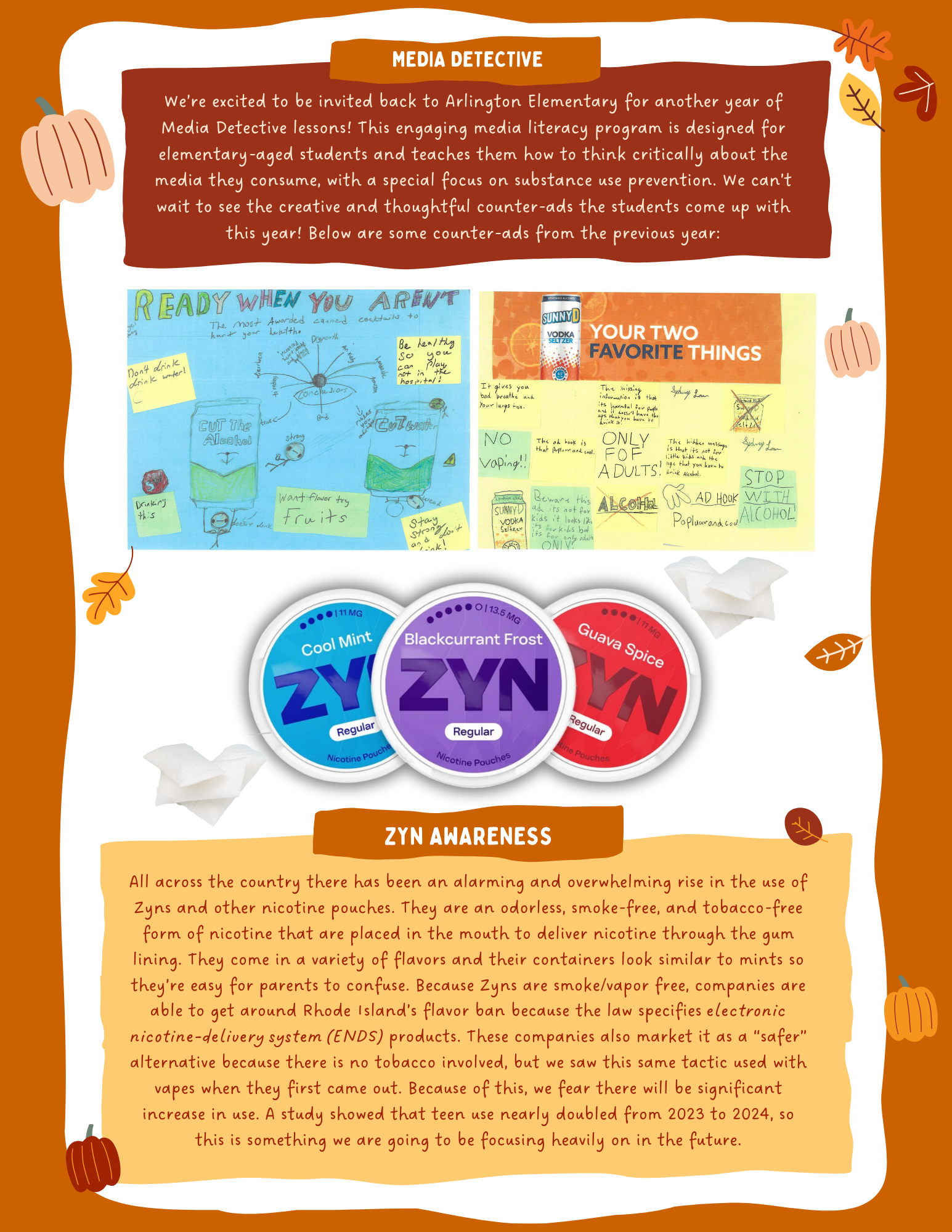 Orange poster with text blocks, small illustrations, and colorful ZYN product circles in the center.