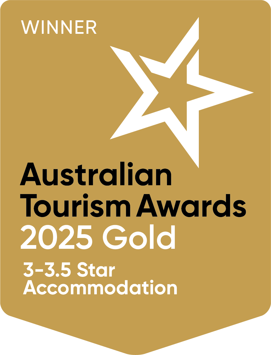 Silver award badge for the Australian Tourism Awards 2024. Features a star graphic and text indicating 3-3.5 Star Accommodation.