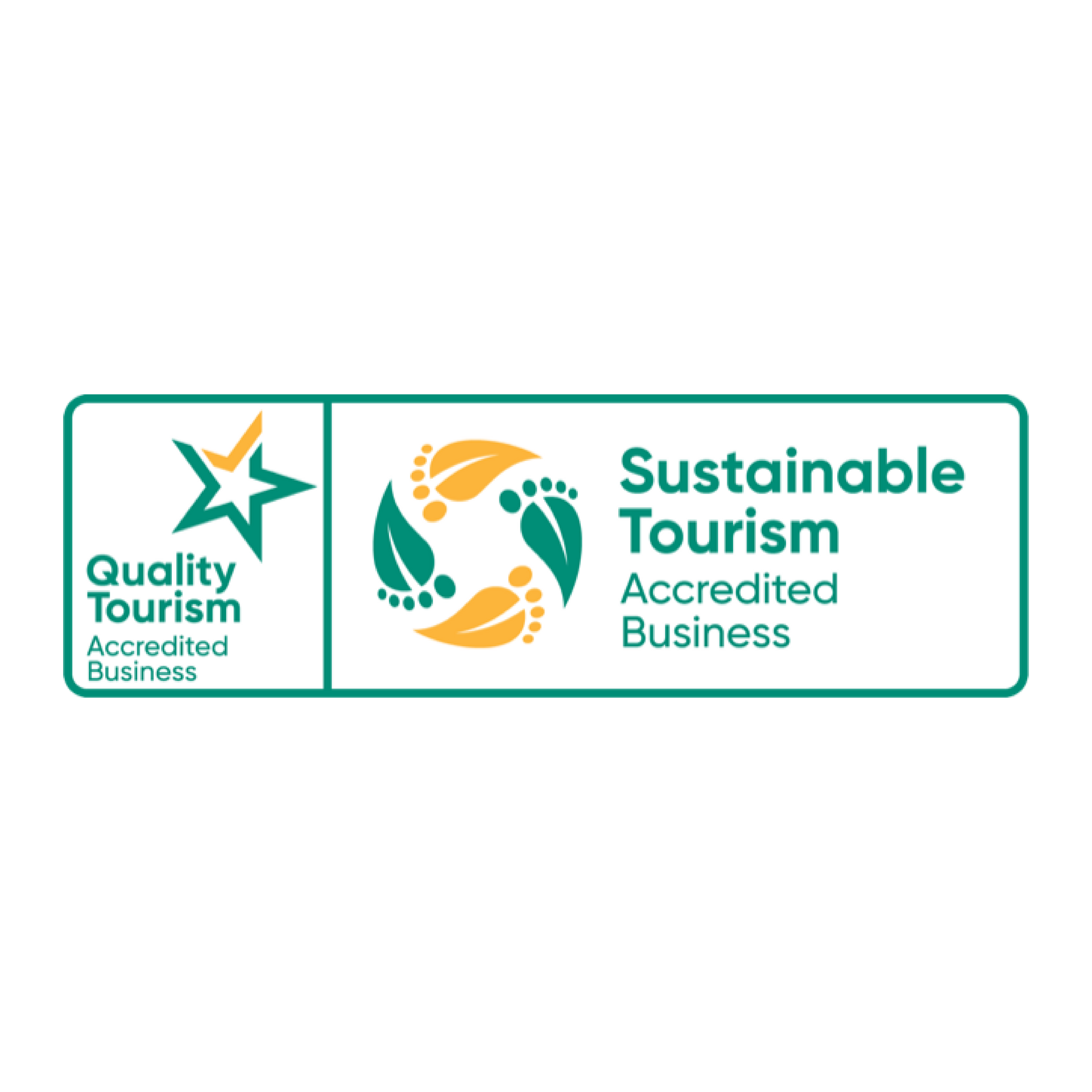 A rectangular logo featuring a green star, a footprint and leaf symbol, and text 