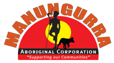 Logo for Manungurra Aboriginal Corporation: Silhouette of an Indigenous person holding a spear, with a dog in front of the Australian Aboriginal flag design.
