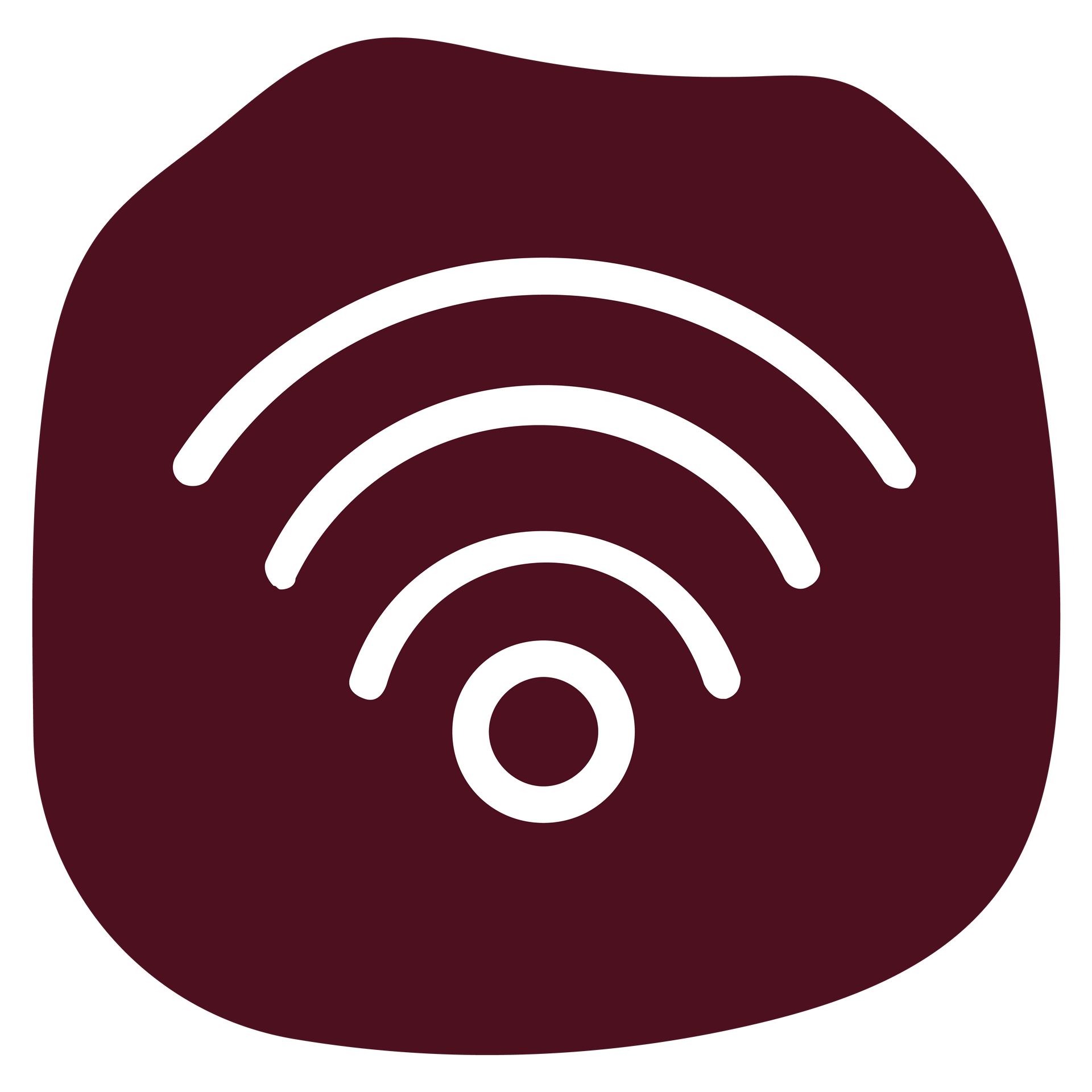 White Wi-Fi symbol inside a maroon, blob-shaped background.