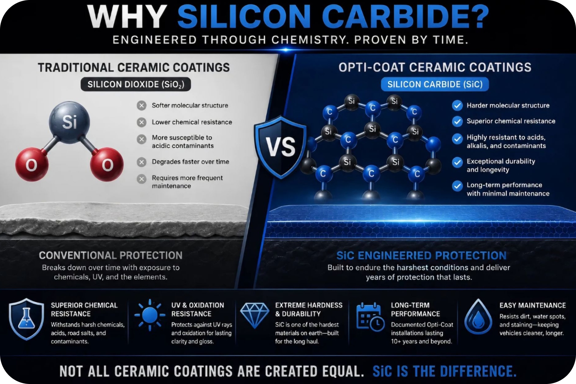 Infographic comparing traditional ceramic coatings and silicon carbide ceramic coatings with blue and black graphics